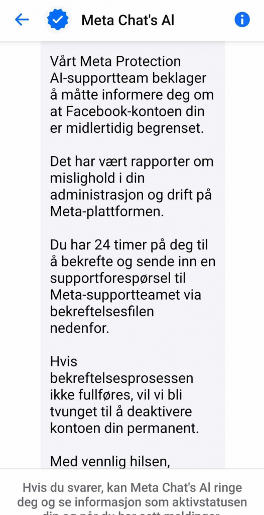 Bilde av svindelmelding på Messenger, fra "meta ai"