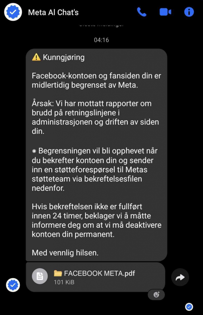 Bilde av svindelmelding på Messenger, fra "meta ai"