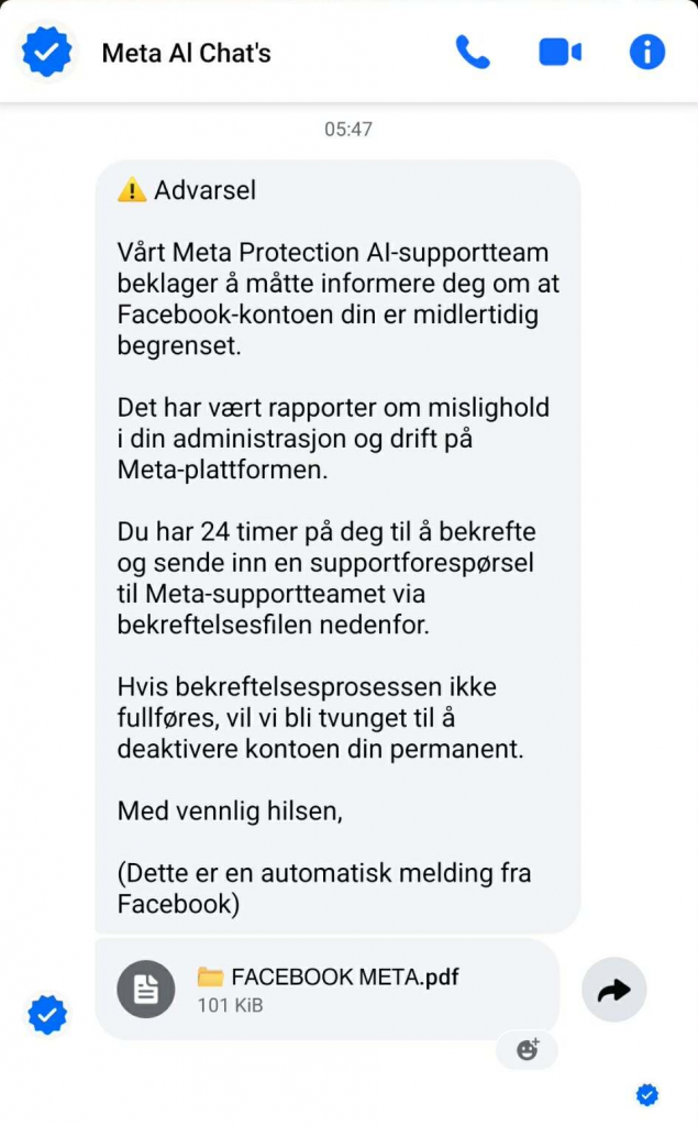 Bilde av svindelmelding på Messenger, fra "meta ai"