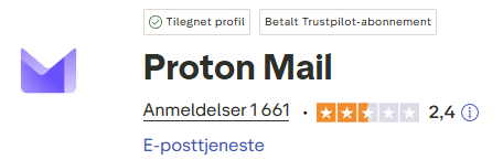 Skjermbilde fra https://no.trustpilot.com/review/proton.me/mail