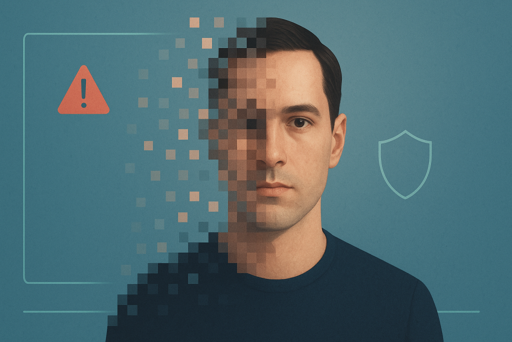Illustrasjon av AI-generert ansikt, deepfake-risiko og digital verifisering
