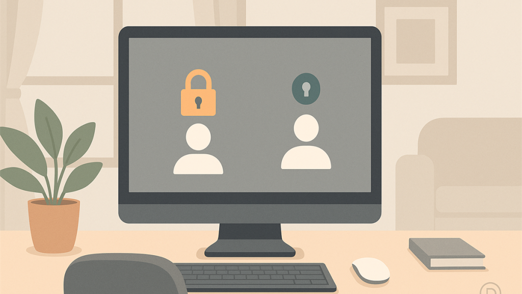 Illustrasjon av trygg brukerkonto med begrensede rettigheter på delt Windows-PC
