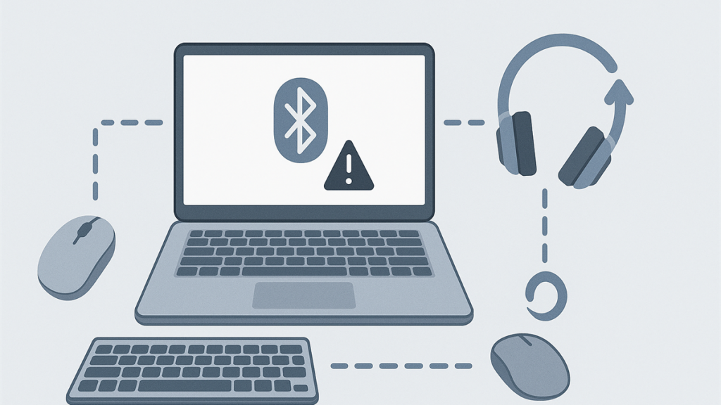 Illustrasjon av bærbar PC med Bluetooth-problem og trådløs mus, tastatur og hodetelefoner