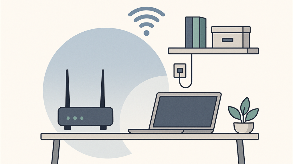 Illustrasjon av hjemmekontornettverk med ruter, wifi og arbeidsplass