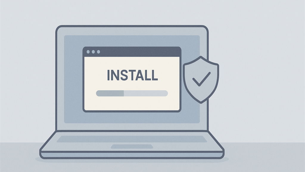 Illustrasjon av trygg programvareinstallasjon med datahjelp på PC