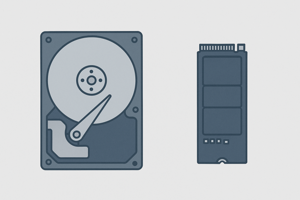Illustrasjon av tradisjonell harddisk og SSD side om side