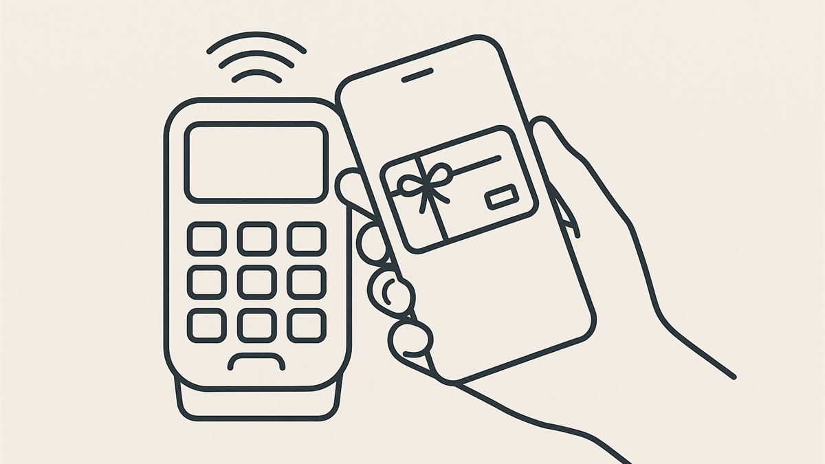 Illustrasjon av kontaktløs betaling med digitalt gavekort på mobil