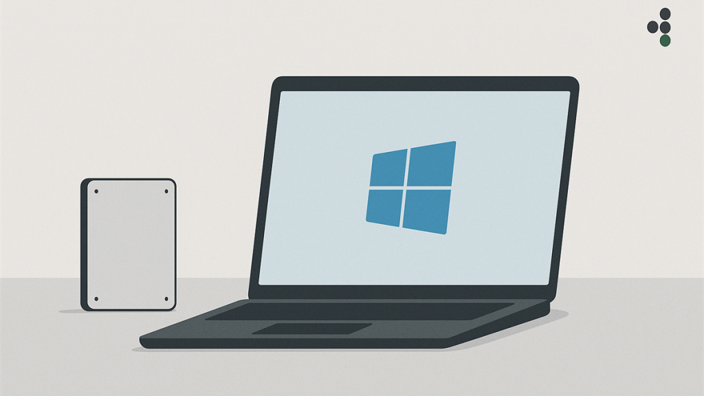 Illustrasjon av PC og SSD under installasjon av Windows på tom harddisk