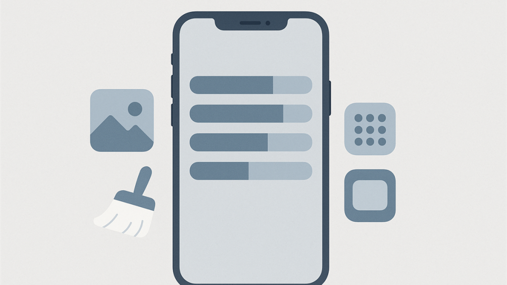 Illustrasjon av iPhone med nesten full lagringsplass og opprydding i filer