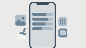 Illustrasjon av iPhone med nesten full lagringsplass og opprydding i filer