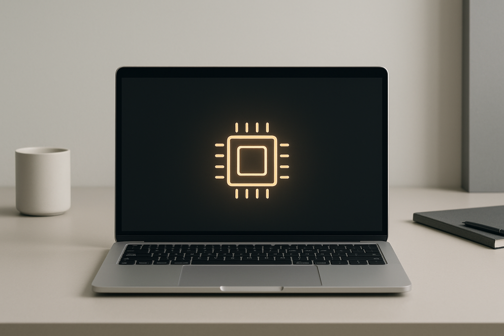 Illustrasjon av laptop og prosessor for guide om valg av prosessor