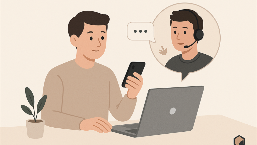 Illustrasjon av person som kontakter kundeservice for datahjelp via telefon og laptop