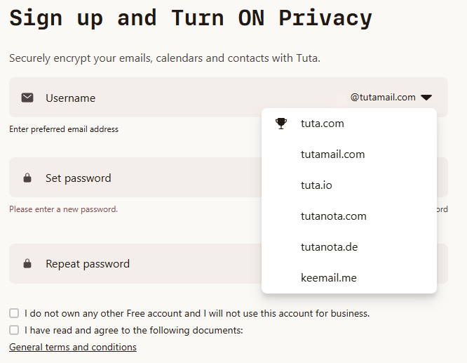 Skjermbilde fra https://app.tuta.com/signup?websiteLang=en