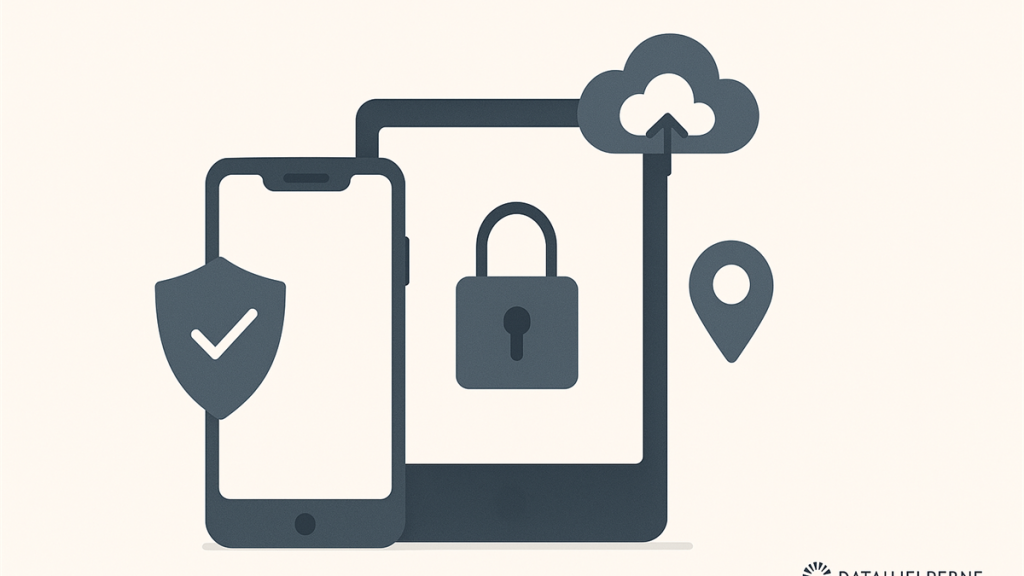Illustrasjon av mobiltelefon og nettbrett med lås, skybackup og sporing for datasikkerhet