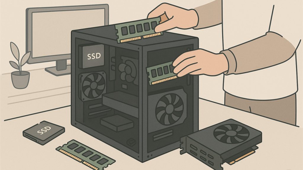 Illustrasjon av oppgradering av PC-maskinvare med SSD og RAM