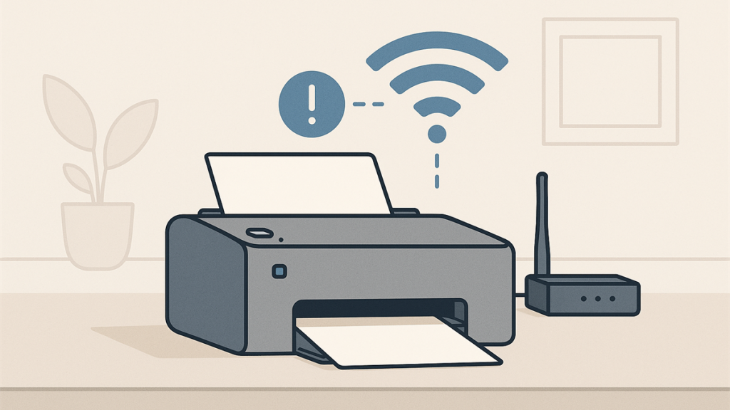 Illustrasjon av printer som er offline og kobles til nettverk igjen
