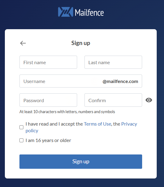 Skjermbilde fra https://mailfence.com/registration/?lg=en&back=1&nextPage=%2Fsw%3Ftype%3DL%26state%3D0%26lf%3Dmailfence