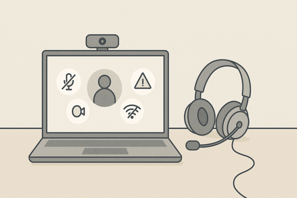 Illustrasjon av laptop og headset for artikkel om Teams som ikke virker og raske møteproblemer