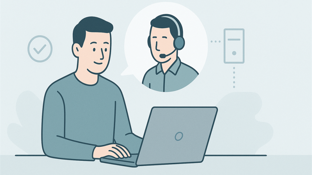 Illustrasjon av rolig teknisk support for dataproblemer via telefon og PC