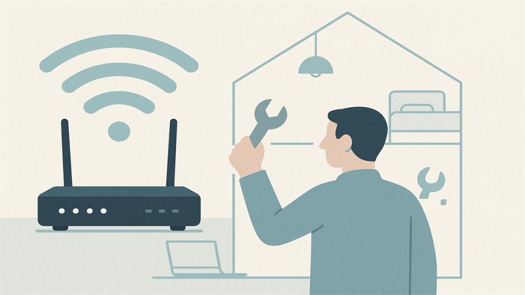 Illustrasjon av trådløst nettverk hjemme med ruter og Wi-Fi-signaler