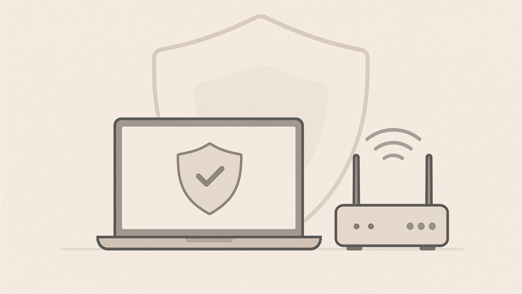 Illustrasjon av VPN-oppsett hjemme med laptop, ruter og sikker tilkobling