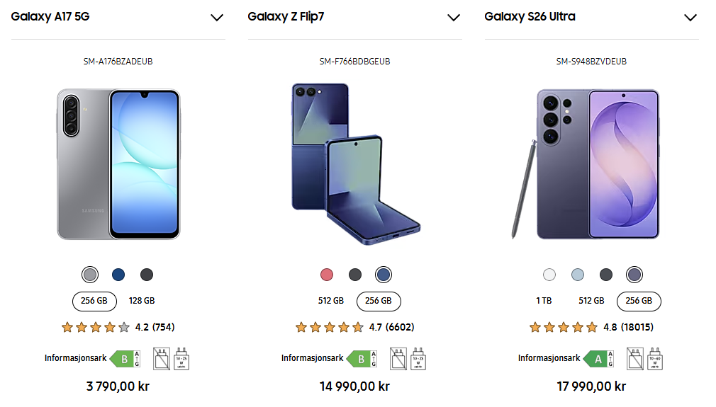 Skjermbilde fra https://www.samsung.com/no/smartphones/compare/?product1=sm-a176bzkaeub&product2=sm-f766bdbgeub&product3=sm-s948bzvdeub
