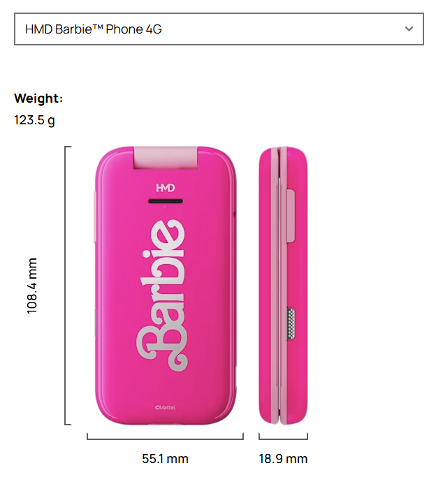 Skjermbilde fra https://www.hmd.com/en_int/compare?phones=hmd-barbie-phone%2Chmd-aura-2%2Chmd-key
