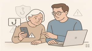 Illustrasjon av eldre person og pårørende som går gjennom en mistenkelig melding for å forebygge digital svindel