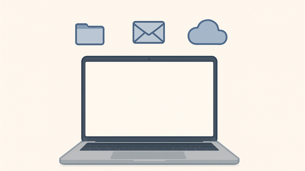 Illustrasjon av ny Mac med filer, e-post og iCloud-oppsett