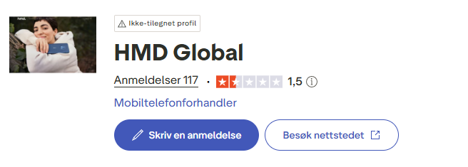 Skjermbilde fra https://no.trustpilot.com/review/www.hmdglobal.com