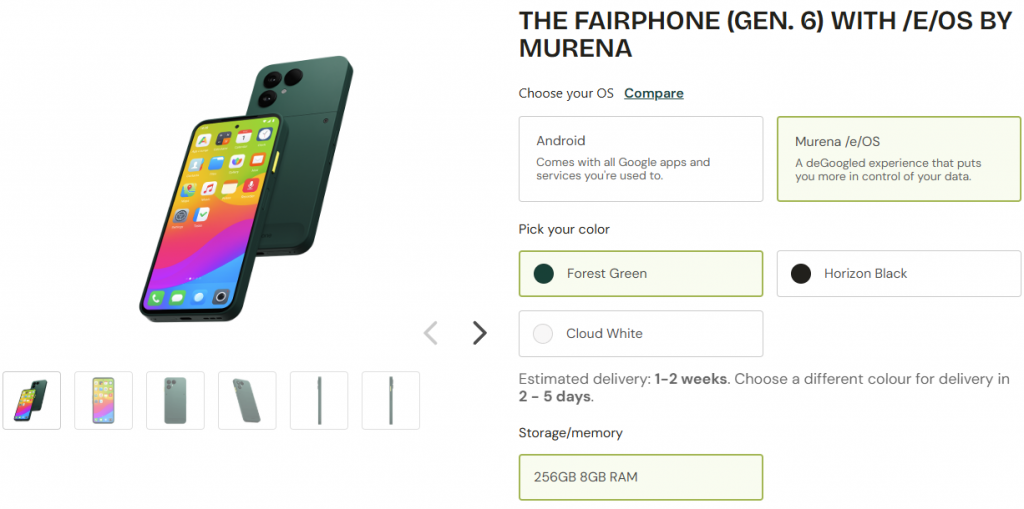 Skjermbilde fra https://www.fairphone.com/shop/buy-the-fairphone-gen-6-1914?color=218&select=220&refurbished=0