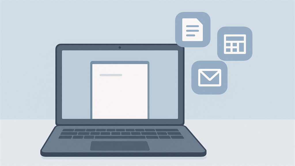 Illustrasjon av ny PC med Office-programmer klar for installasjon