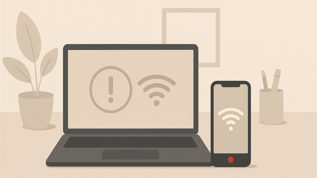 Illustrasjon av bærbar PC uten internett mens en mobiltelefon er tilkoblet Wi‑Fi