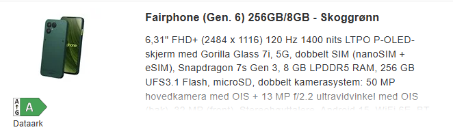 Skjermbilde fra https://www.proshop.no/Mobiltelefoner?o=1028&b=fairphone