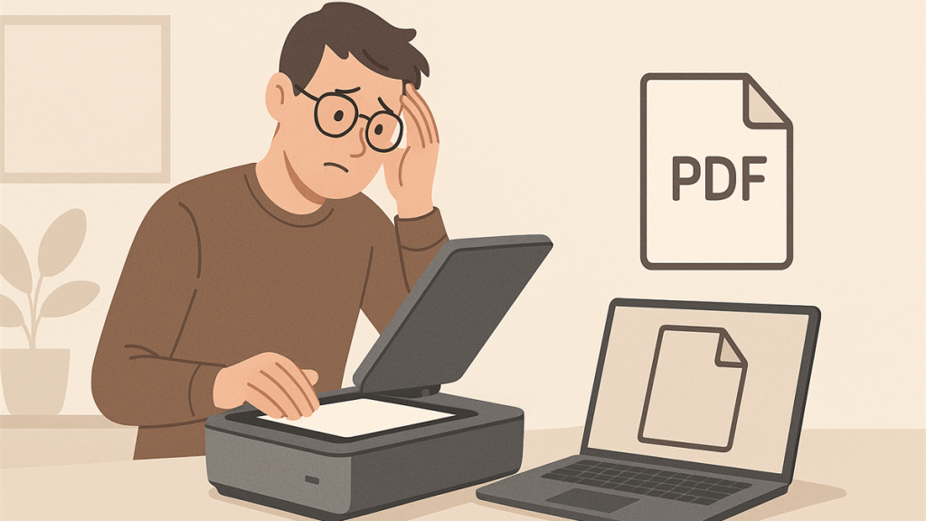 Illustrasjon av skanner og bærbar PC for artikkel om skanning av dokumenter til PDF