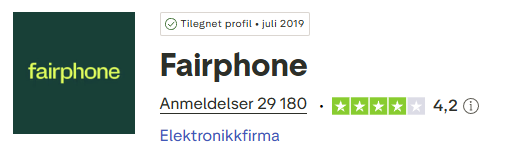 Skjermbilde fra https://no.trustpilot.com/review/fairphone.com