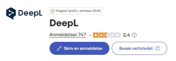 Skjermbilde fra https://no.trustpilot.com/review/www.deepl.com