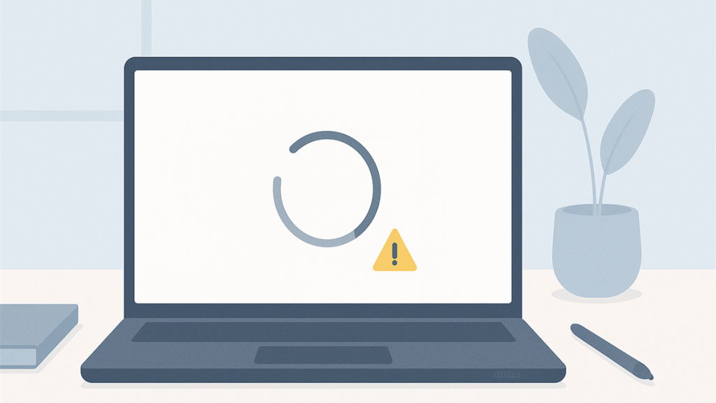 Illustrasjon av laptop med Windows Update som står fast