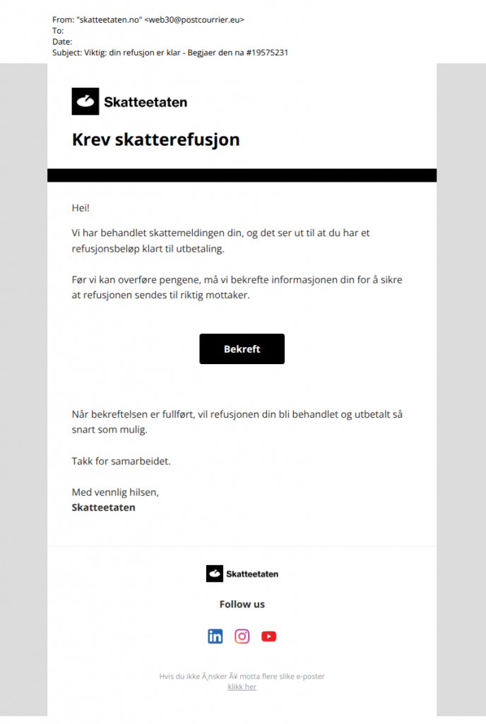 Bilde som viser svindelforsøk fra skatteetaten