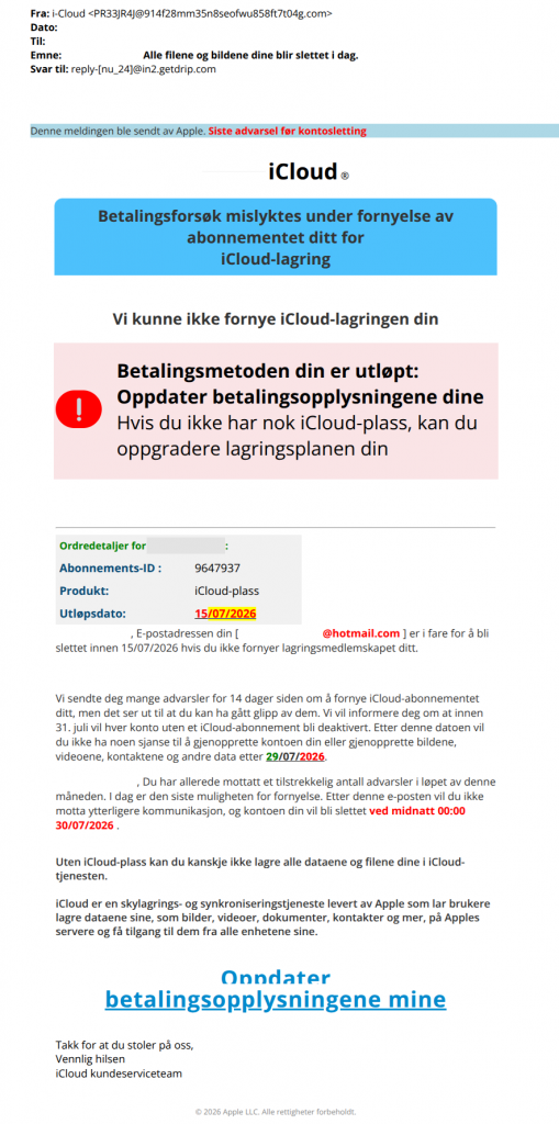 Bilde som viser svindelforsøk fra icloud