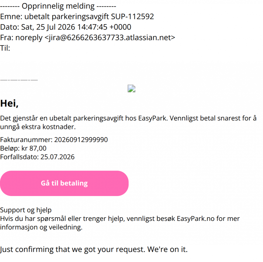 Skjermbilde av svindelforsøk på epost