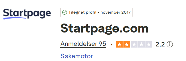 Skjermbilde fra https://no.trustpilot.com/review/startpage.com