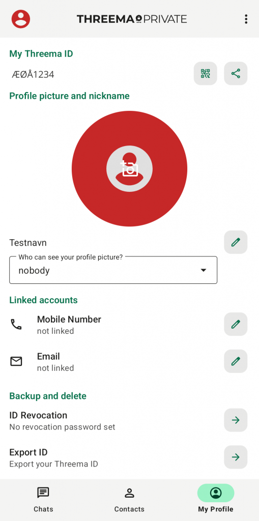 Skjermbilde fra Threema-app på Android.