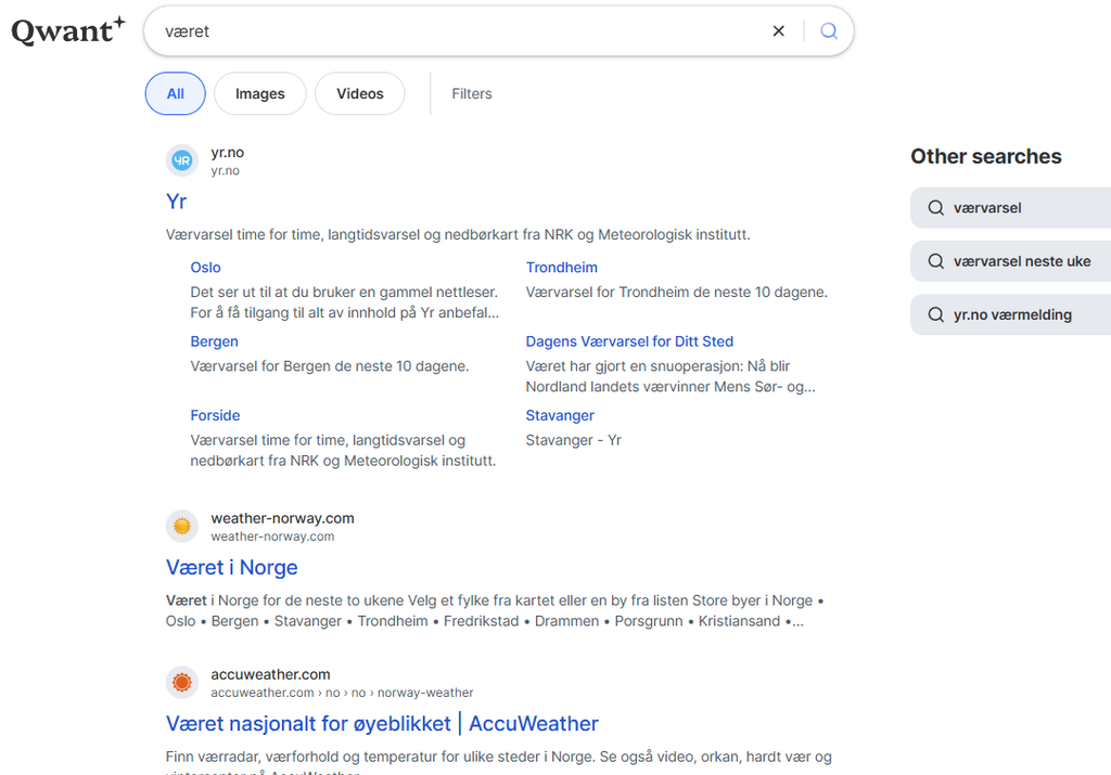 Skjermbilde fra https://www.qwant.com/?q=v%C3%A6ret&t=web. Viser søkeresultat