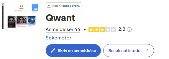 Skjermbilde fra https://no.trustpilot.com/review/qwant.com