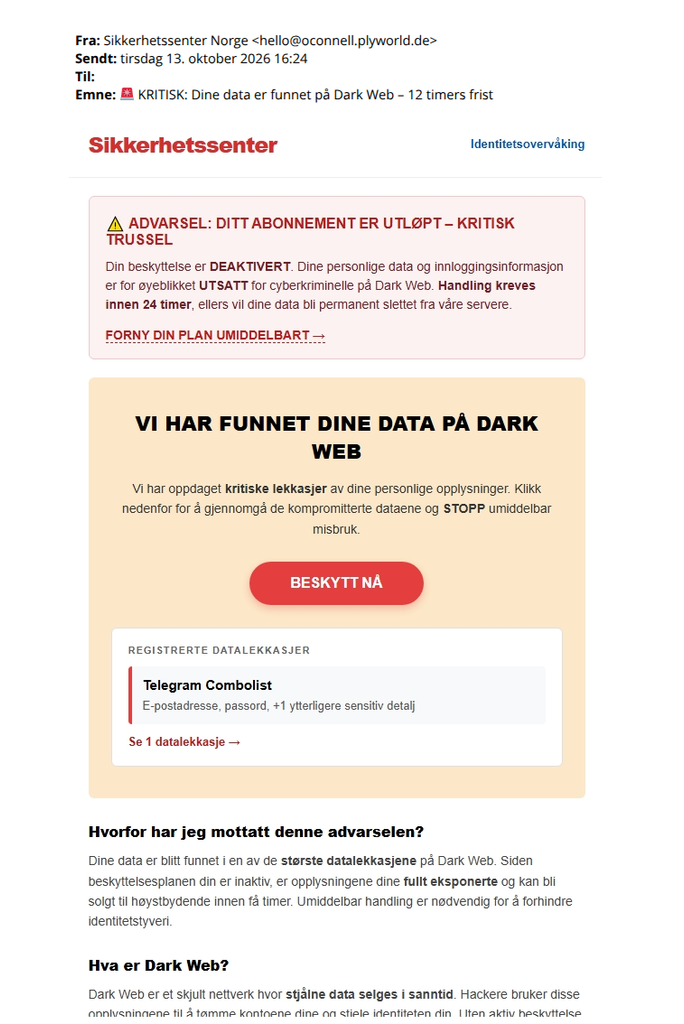 svindelforsøk på e-post fra sikkerhetssenter
