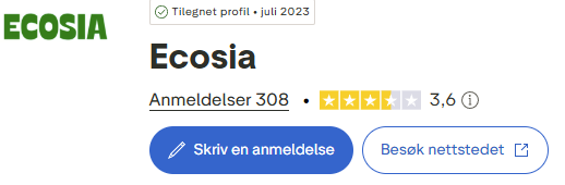 Skjermbilde fra https://no.trustpilot.com/review/www.ecosia.org?languages=all