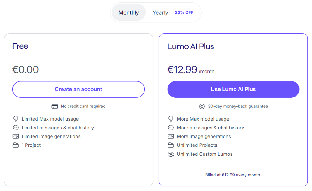 Skjermbilde fra https://proton.me/lumo som viser prisen