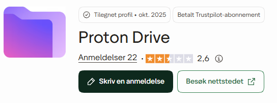 Skjermbilde fra https://no.trustpilot.com/review/proton.me%2Fdrive