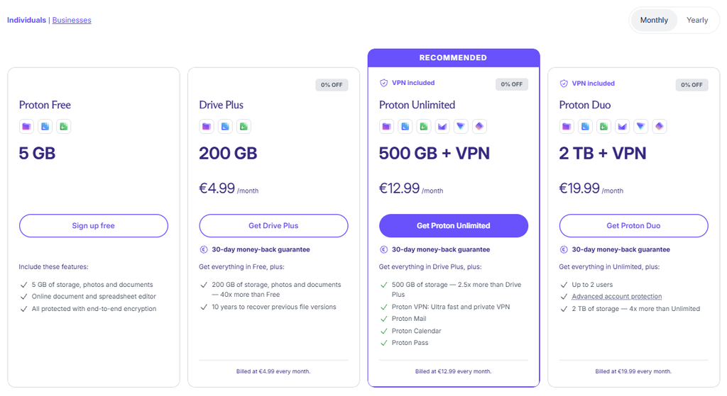 Skjermbilde fra https://proton.me/drive